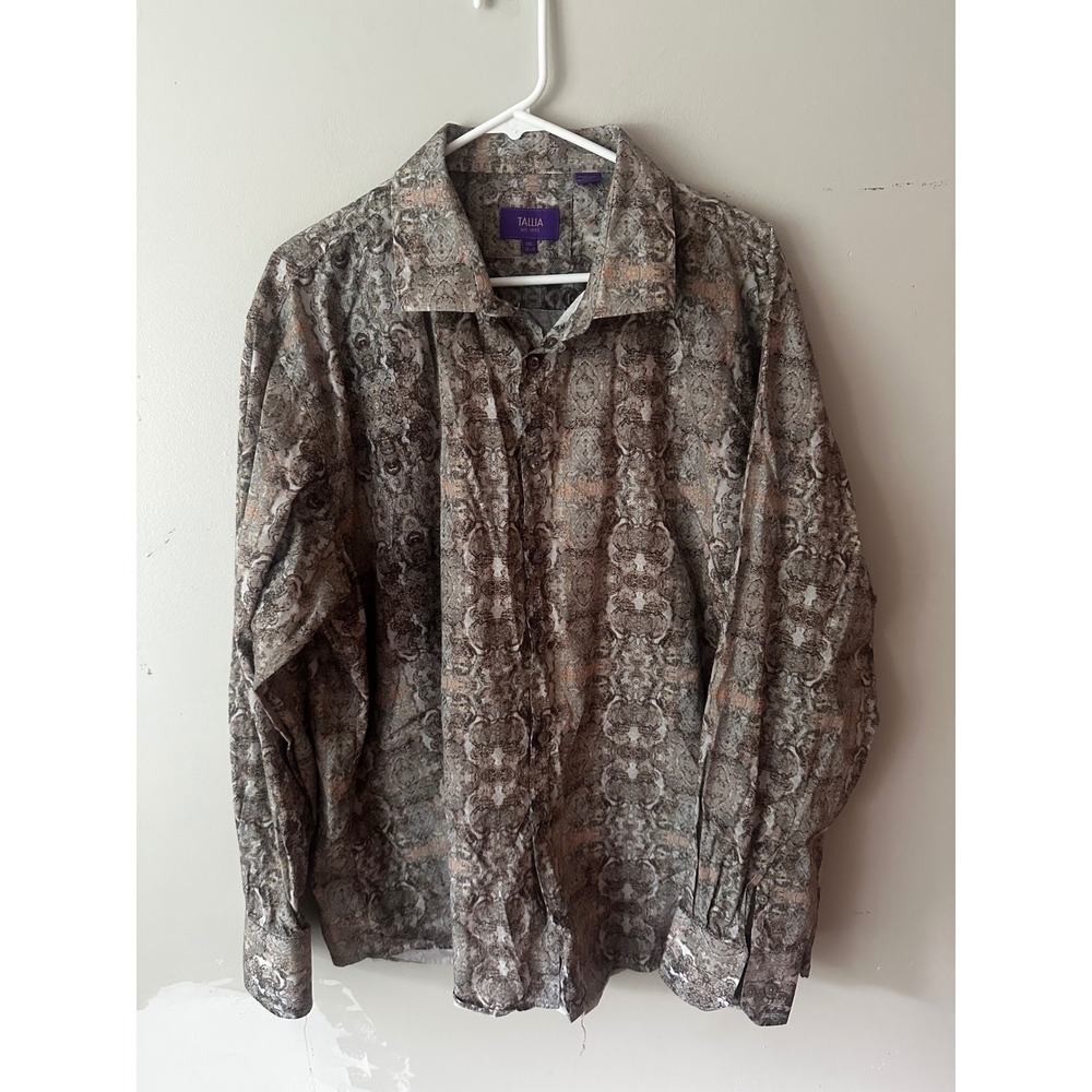 Tallia Mens 2XL Paisley Button Down Shirt Brown Grey Long Sleeve 100% Cotton